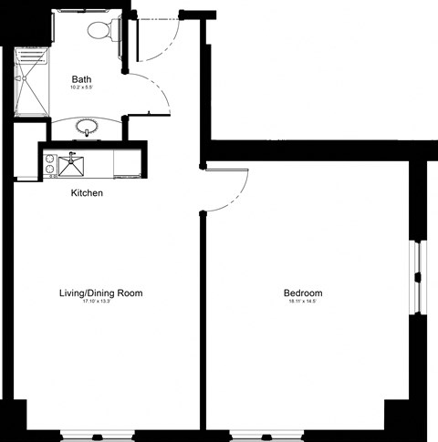 Floor plan for 1 bed, 1 bath, 659 sqft